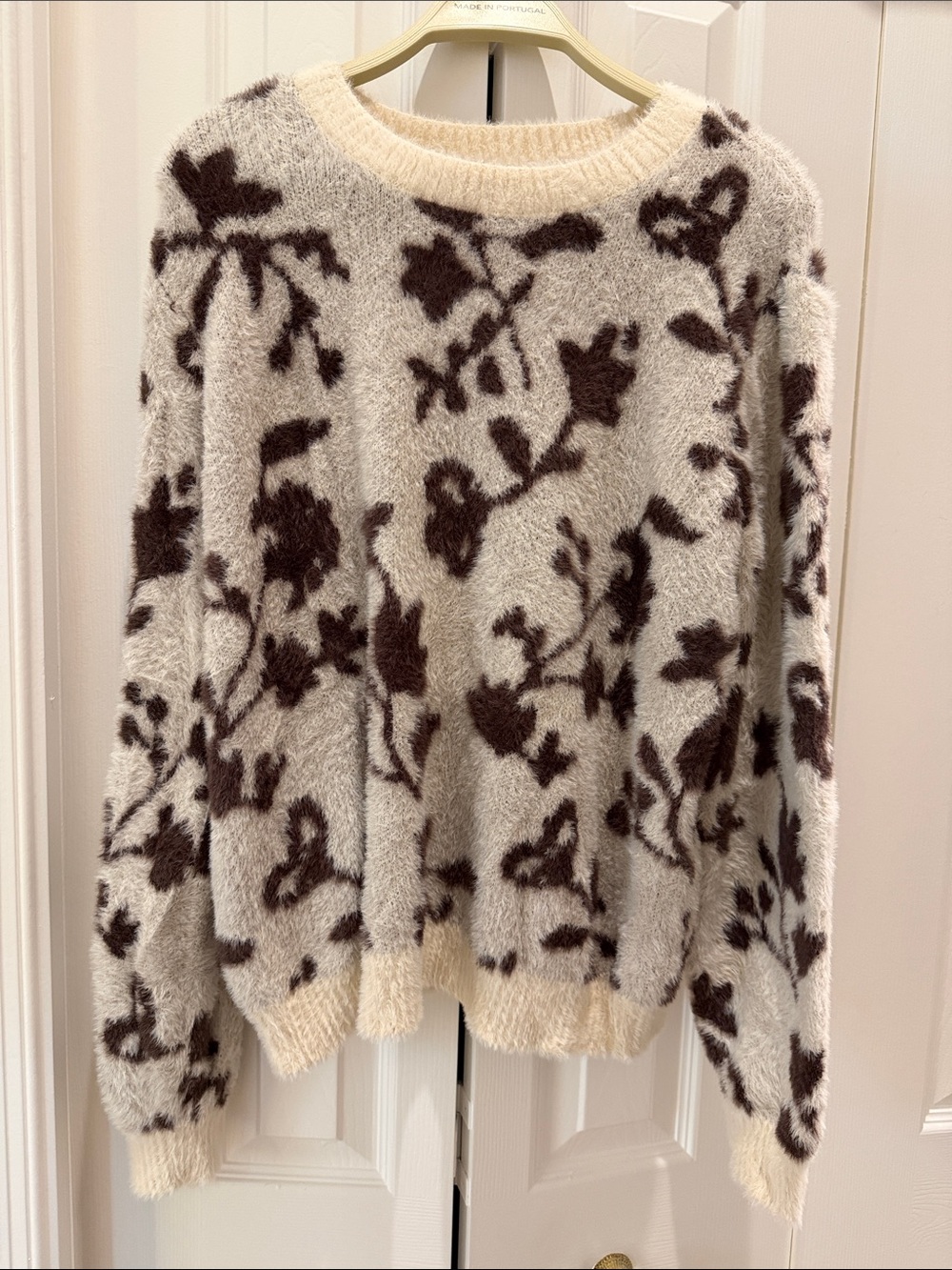 LOFT Cream Crewneck Sweater with Brown Floral Pattern